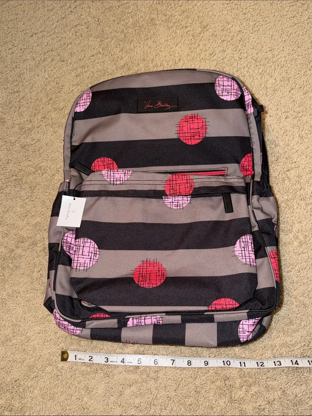 Vera Bradley Black & Gray Striped Backpack with Pink and Red Dot Pattern